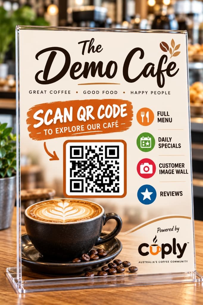 The Demo Cafe tabletop QR code display with coffee cup